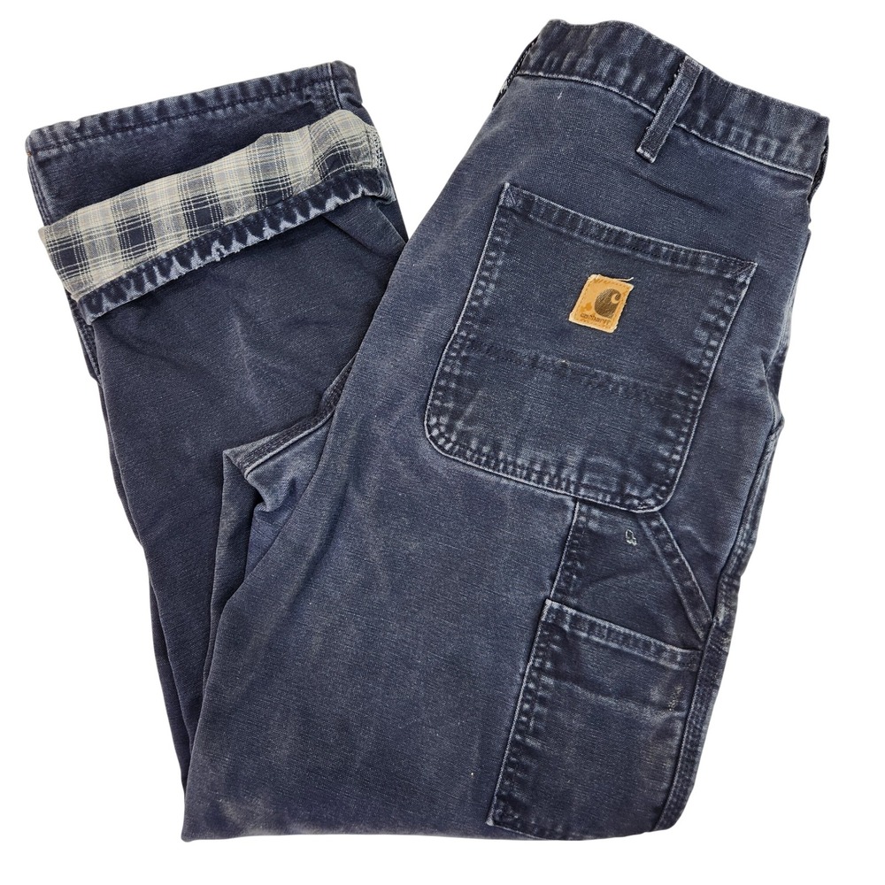 Carhartt B111 MDT Flannel Lined Carpenter Pants Navy Blue Relaxed Fit 33x32